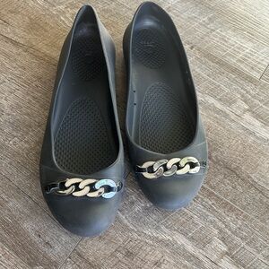 Croc Black Flats with Chain Detail